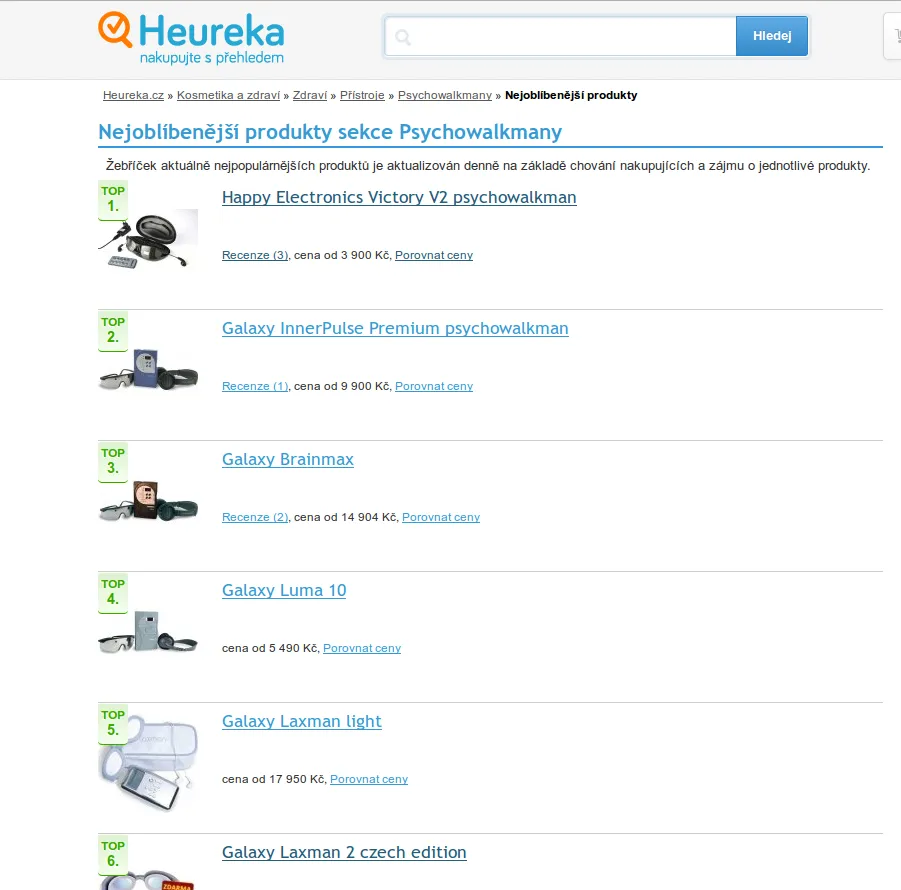 Heureka.cz ranking of best-selling mind machines with Victory V2 in first place