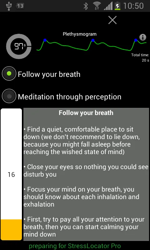 Meditation screen in the StressLocator app
