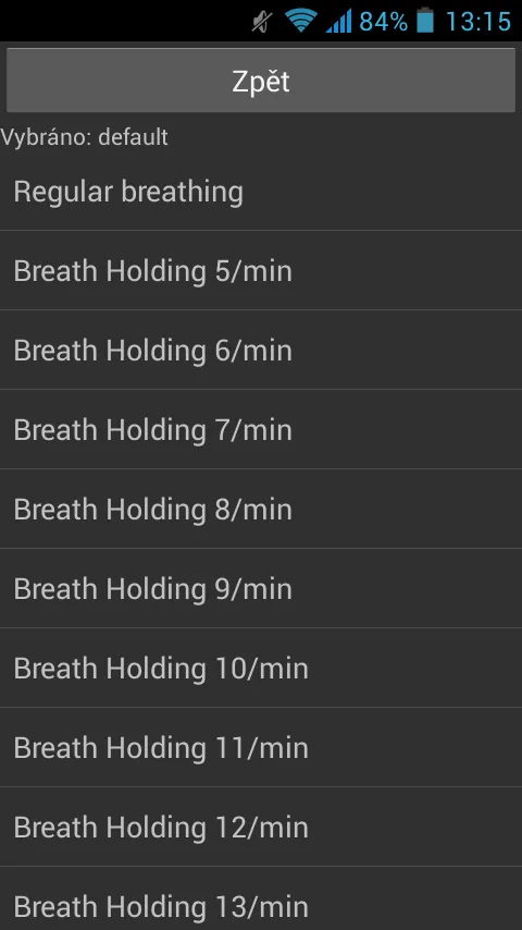 StressLocator menu for choosing the type of breathing