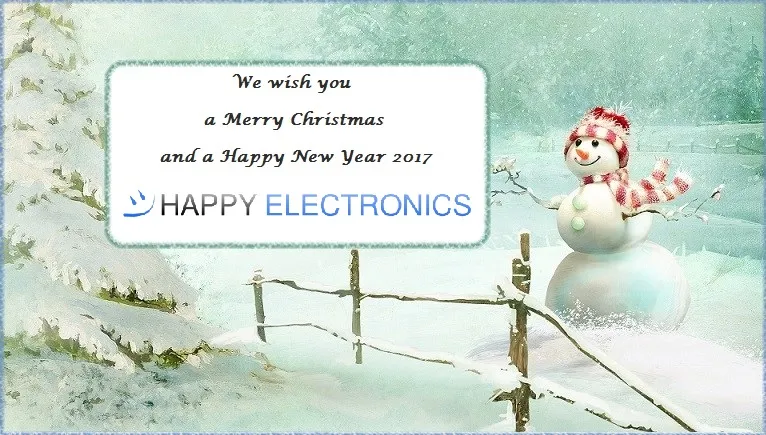 Christmas card: We wish you a Merry Christmas and a Happy New Year 2017, Happy Electronics