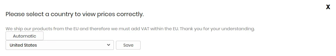 Country selection dialog for showing prices with the correct VAT