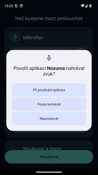 Systémový dotaz Androidu: Povolit aplikaci Noxuma nahrávat zvuk? s volbou Při používání aplikace.