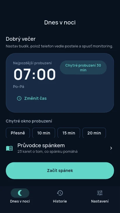 Obrazovka Dnes v noci s nejpozdějším probuzením 07:00, volbou chytrého okna, Průvodcem spánkem a tlačítkem Začít spánek.