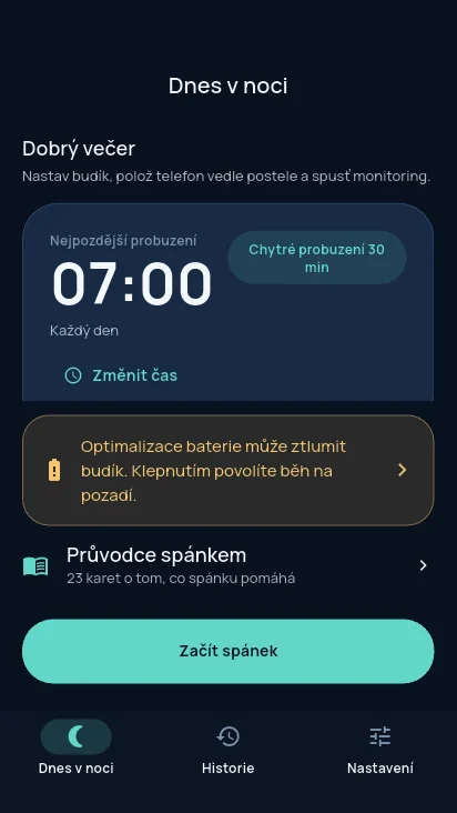 Obrazovka Dnes v noci se žlutým upozorněním: Optimalizace baterie může ztlumit budík. Klepnutím povolte běh na pozadí.